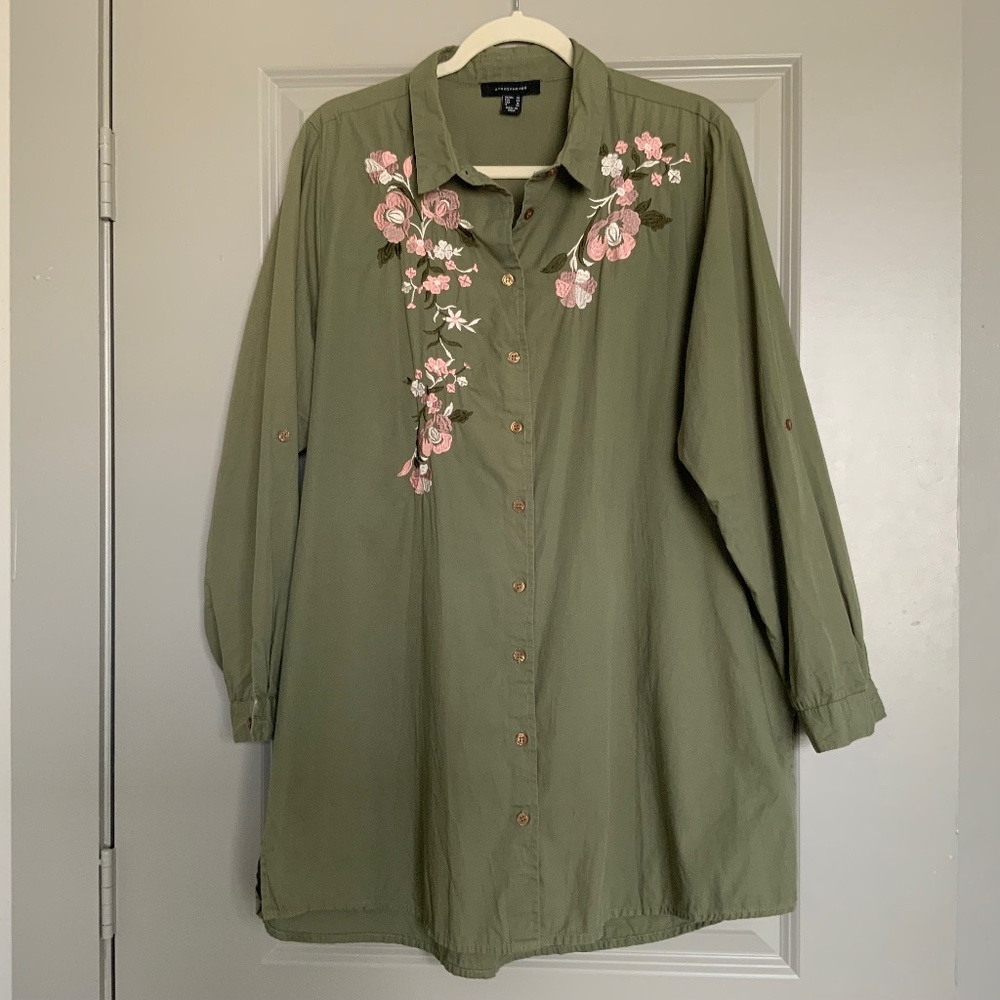 Women’s Atmosphere Khaki Floral Embroidery Long Sleeve Cotton Shirt Size US 16